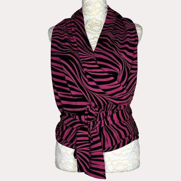 PA Pyong An Blouse Top Animal Print Tie Waist Pink Black 44 US L am - Picture 1 of 7